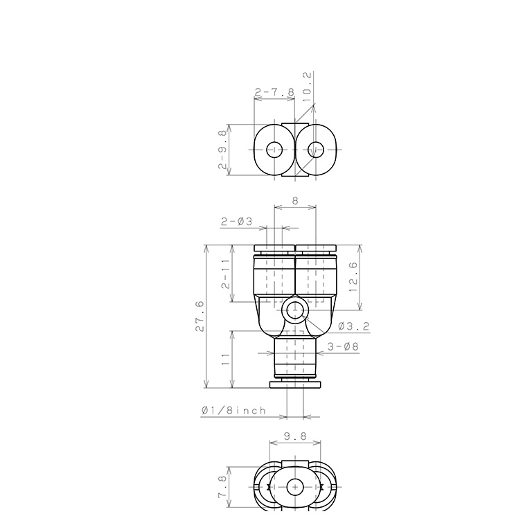 Bản vẽ kỹ thuật Đầu Nối Nhanh Khí Nén Chữ Y Dạng Nối Giảm Pisco PW1/8-3M
