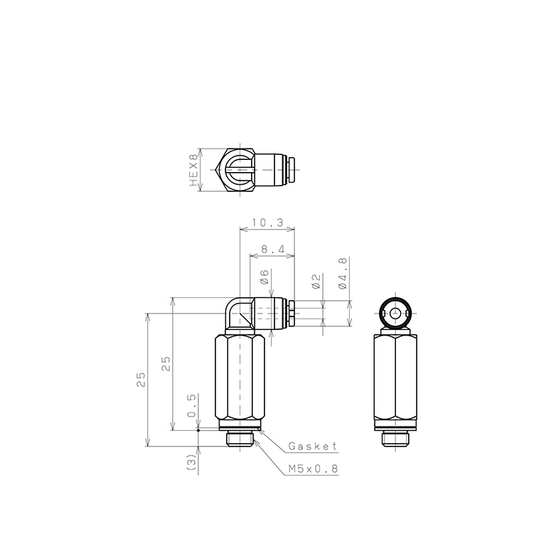 Bản vẽ kỹ thuật Đầu Nối Nhanh Khí Nén Dạng Cong 90° Ren Ngoài (Dài) Pisco PLL2-M5MW