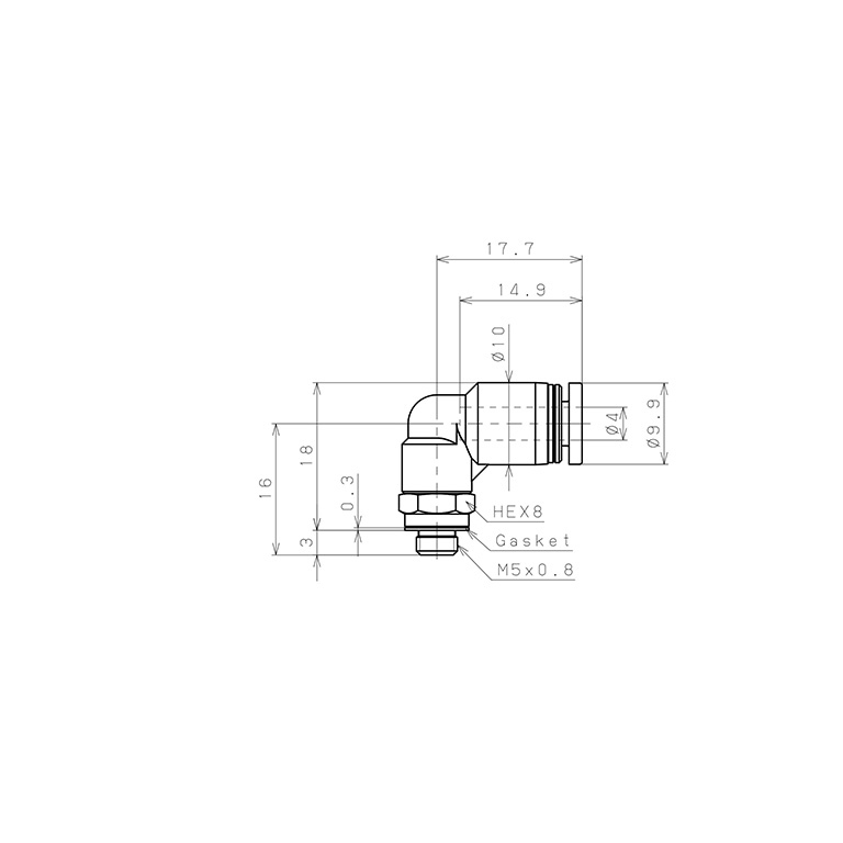 Bản vẽ kỹ thuật Đầu Nối Nhanh Khí Nén Dạng Cong 90° Ren Ngoài Pisco PL4-M5-C