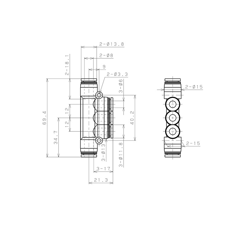Bản vẽ kỹ thuật Đầu Nối Nhanh Khí Nén Chữ T 5 Ngã Dạng Nối Giảm Pisco PKG8-6-UC