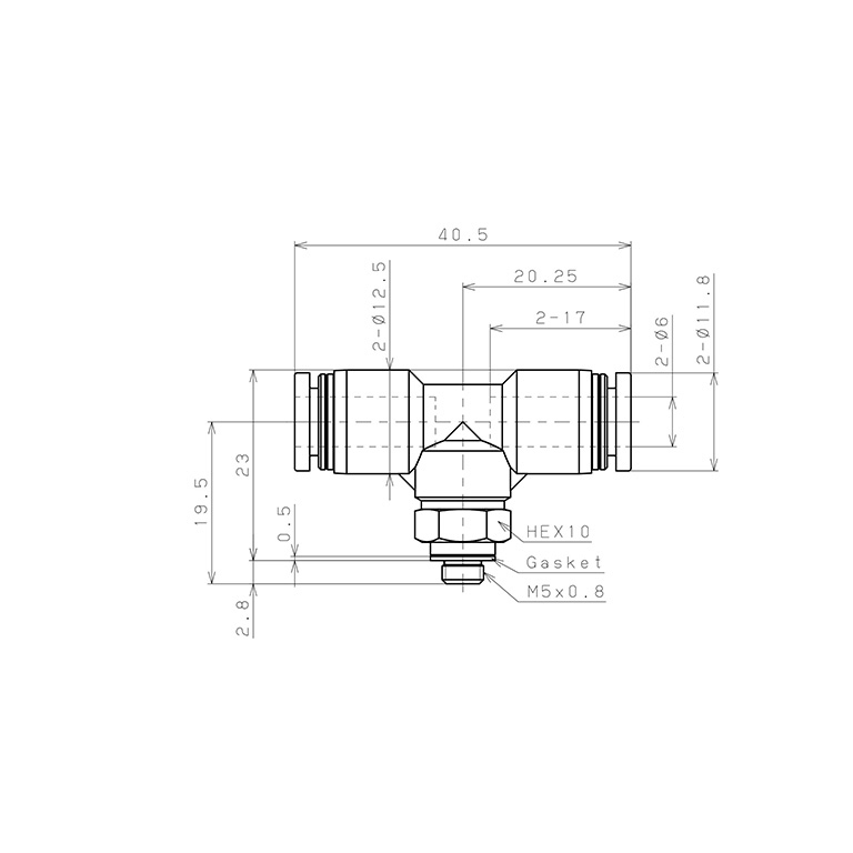 Bản vẽ kỹ thuật Đầu Nối Nhanh Khí Nén Dạng Chữ T Ren Ngoài Pisco PB6-M5W