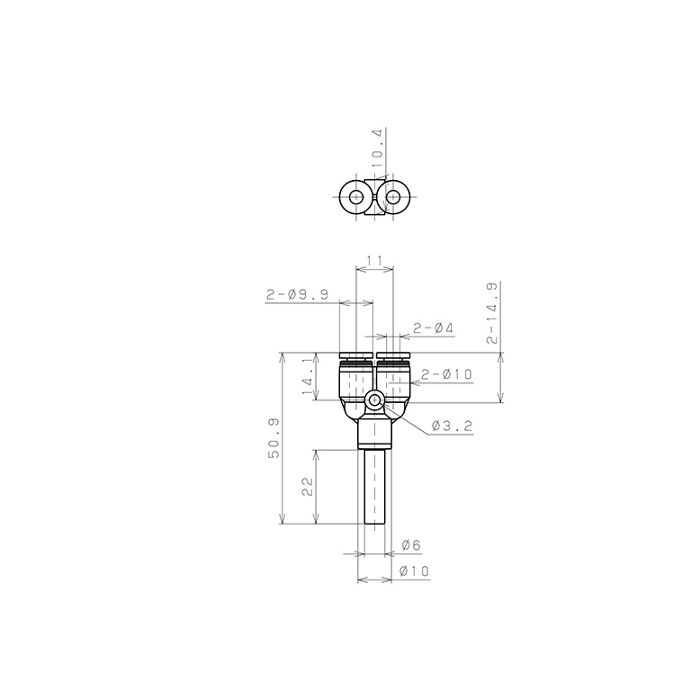 Bản vẽ kỹ thuật Đầu Nối Nhanh Khí Nén Giữa Ống Khí Và Fitting Dạng Nối Giảm Chữ Y Pisco PWJ6-4W