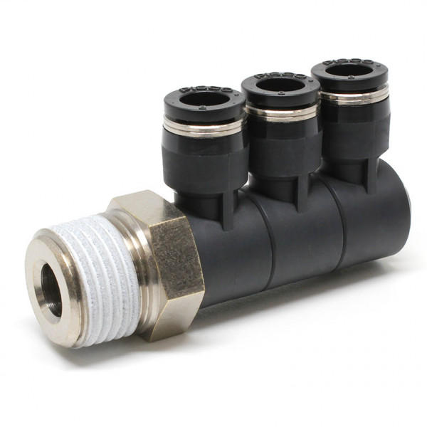 Đầu Nối Nhanh Khí Nén Ba Nhánh Cong 90° Thân Lục Giác Trụ Ren Ngoài Pisco PHT8-04-UC