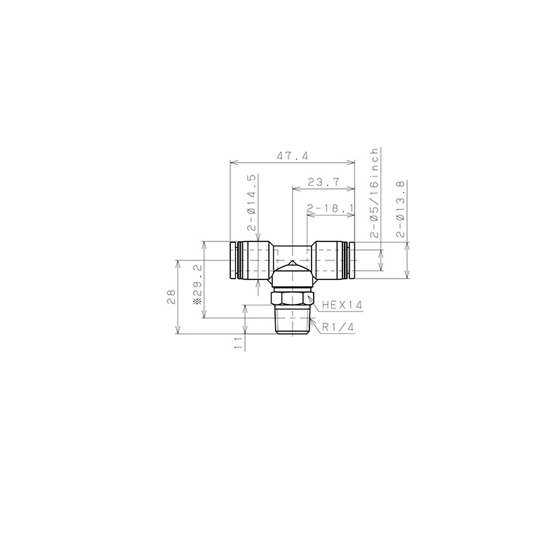 Bản vẽ kỹ thuật Đầu Nối Nhanh Khí Nén Dạng Chữ T Ren Ngoài Pisco PB5/16-02