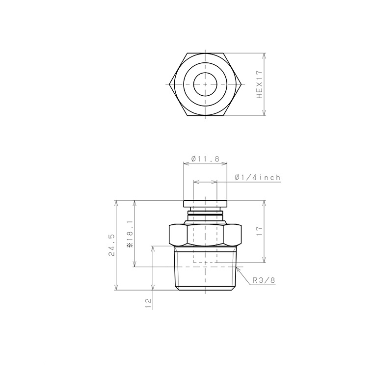 Bản vẽ kỹ thuật Đầu Nối Nhanh Khí Nén Dạng Thẳng Thân Lục Giác Ren Ngoài Pisco PC1/4-03-C