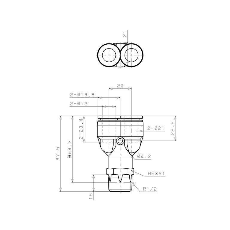 Bản vẽ kỹ thuật Đầu Nối Nhanh Khí Nén Dạng Chữ Y Ren Ngoài Pisco SPPX12-04SP