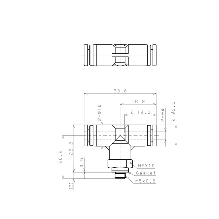 Bản vẽ kỹ thuật Đầu Nối Nhanh Khí Nén Dạng Chữ T Ren Ngoài Pisco SPPB4-M5SP
