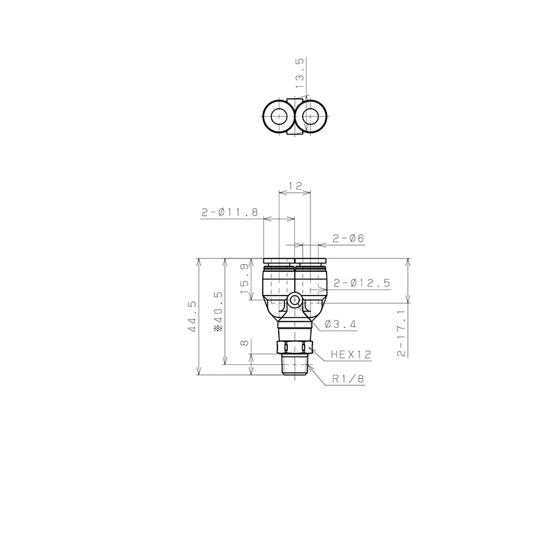 Bản vẽ kỹ thuật Đầu Nối Nhanh Khí Nén Dạng Chữ Y Ren Ngoài Pisco PPX6-01SUS-TP