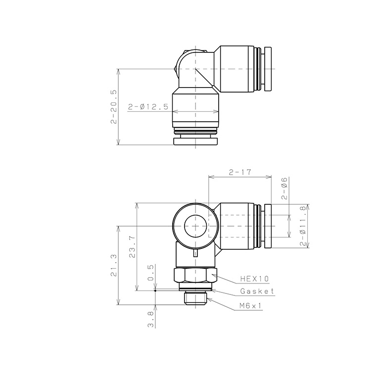 Bản vẽ kỹ thuật Đầu Nối Nhanh Khí Nén Hai Nhánh Chạc Ba Cong 90° Ren Ngoài Pisco PVX6-M6