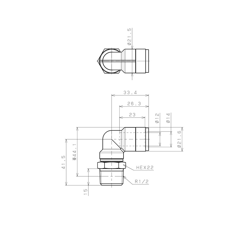 Bản vẽ kỹ thuật Đầu Nối Nhanh Khí Nén Dạng Cong 90° Ren Ngoài Pisco KL12-04-F