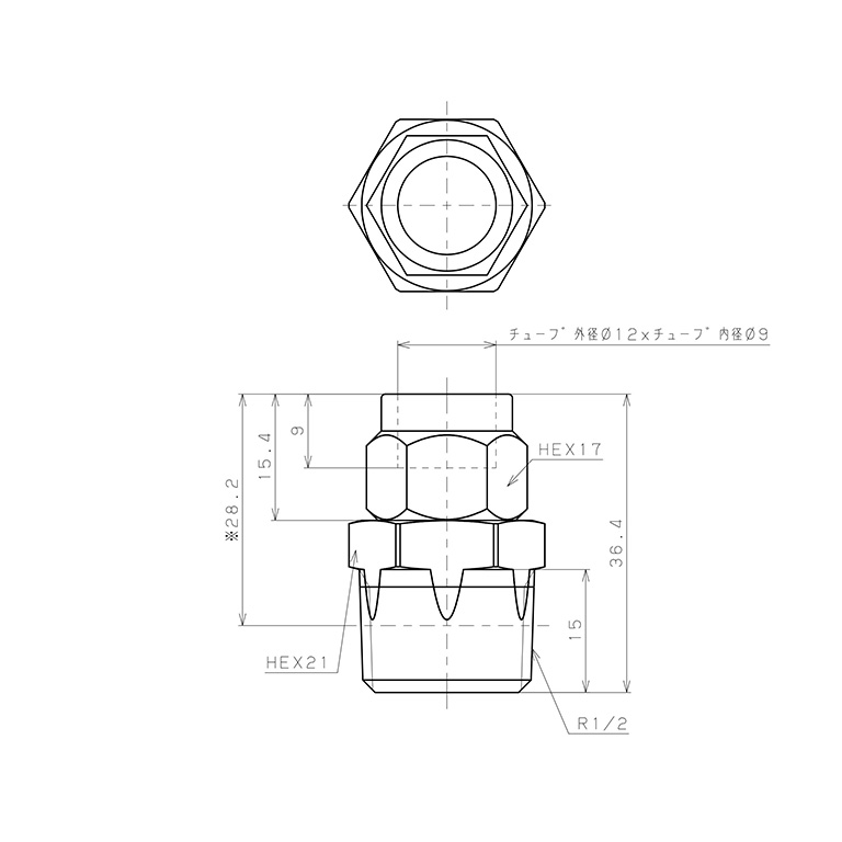 Bản vẽ kỹ thuật Đầu Ngạnh Nối Ống Có Đai Ốc Xiết Dạng Thẳng Thân Lục Giác Ren Ngoài Pisco NKC1290-04