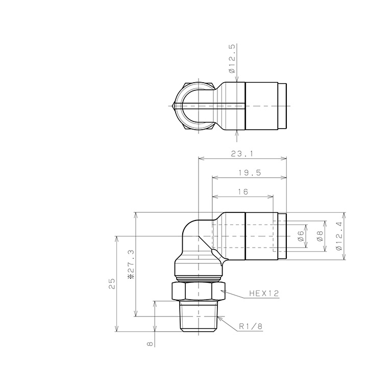 Bản vẽ kỹ thuật Đầu Nối Nhanh Khí Nén Dạng Cong 90° Ren Ngoài Pisco KL6-01