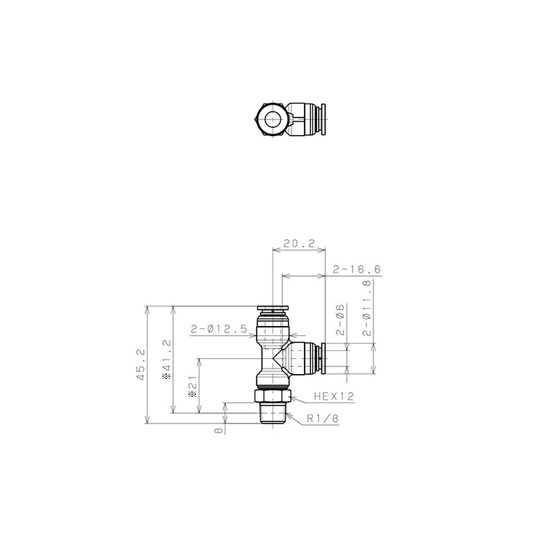 Bản vẽ kỹ thuật Đầu Nối Nhanh Khí Nén Dạng Chữ T Ren Ngoài Pisco KD6-01-1-F