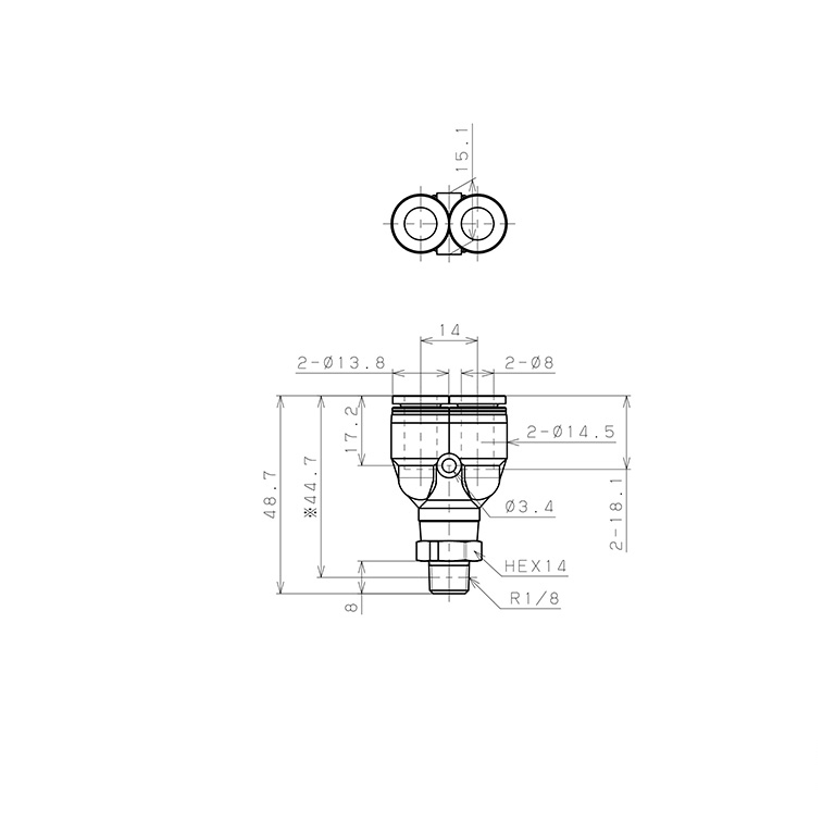 Bản vẽ kỹ thuật Đầu Nối Nhanh Khí Nén Dạng Chữ Y Ren Ngoài Pisco PPX8-01