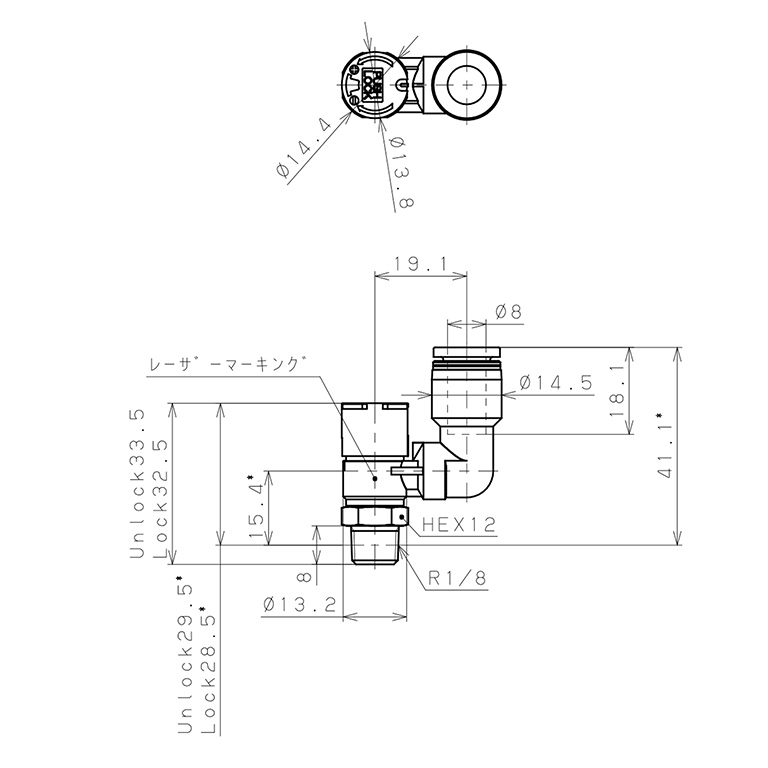 Bản vẽ kỹ thuật Van Tiết Lưu Khí Nén Loại Khóa Đẩy Có Hiển Thị Chỉ Số Pisco JSGS8-01AW