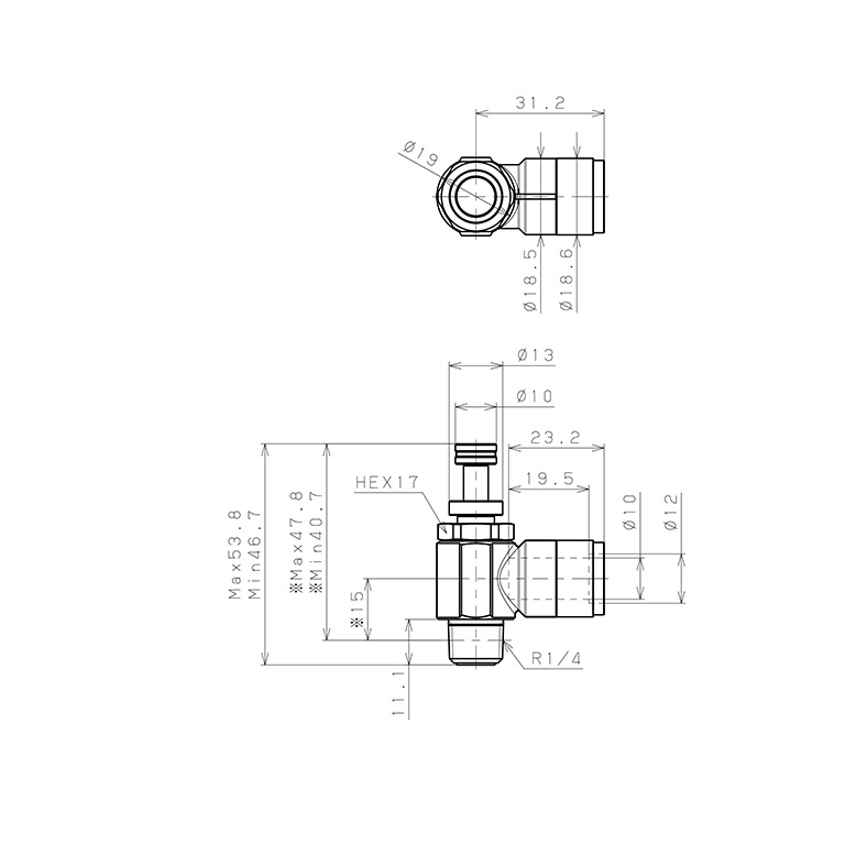 Bản vẽ kỹ thuật Van Tiết Lưu Khí Nén Chân Kim, Đồng Mạ Niken Pisco KJNC10-02-F
