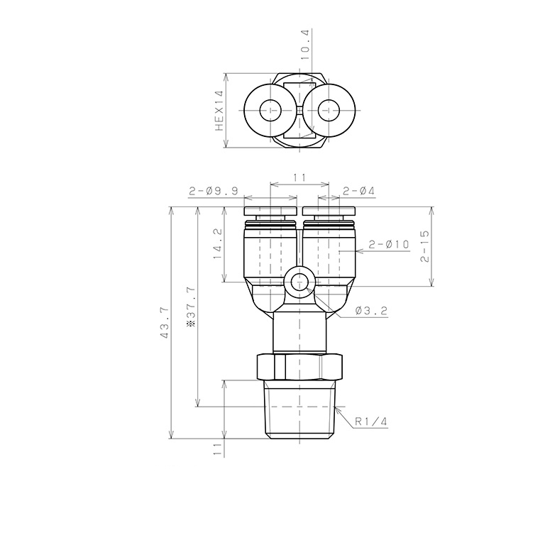 Bản vẽ kỹ thuật Đầu Nối Nhanh Khí Nén Dạng Chữ Y Ren Ngoài Pisco PPX4-02-F-C