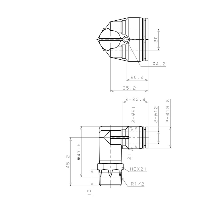 Bản vẽ kỹ thuật Đầu Nối Nhanh Khí Nén Hai Nhánh Cong 90° Ren Ngoài Pisco SPAX12-04