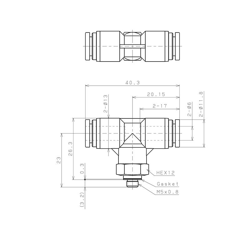Bản vẽ kỹ thuật Đầu Nối Nhanh Khí Nén Dạng Chữ T Ren Ngoài Pisco SPB6-M5