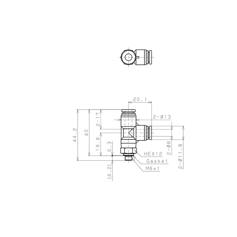 Bản vẽ kỹ thuật Đầu Nối Nhanh Khí Nén Dạng Chữ T Ren Ngoài Pisco SPD6-M6