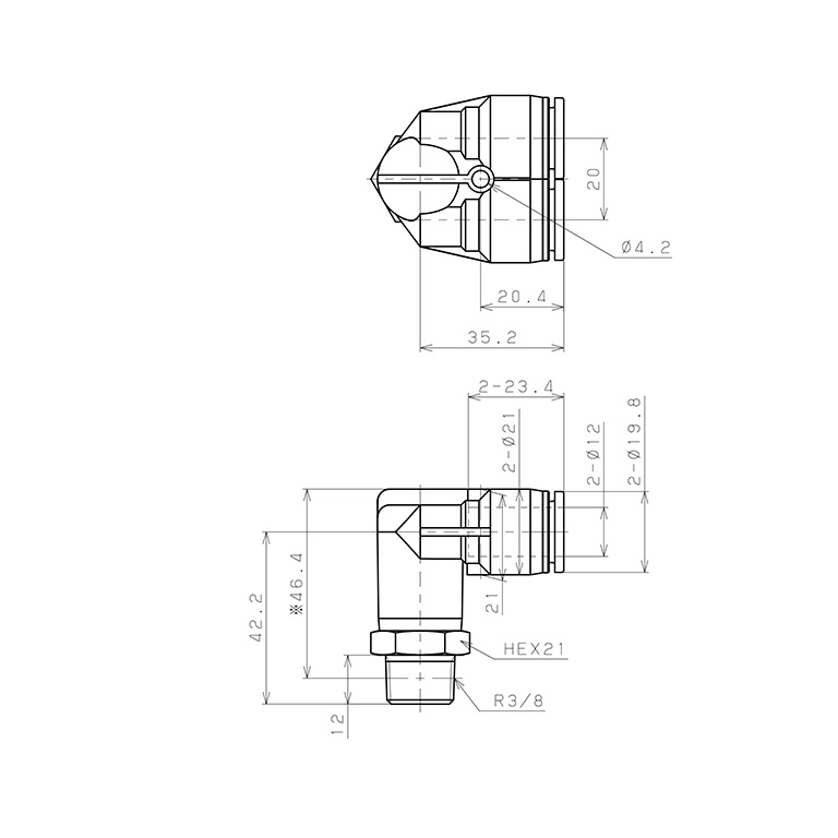 Bản vẽ kỹ thuật Đầu Nối Nhanh Khí Nén Hai Nhánh Cong 90° Ren Ngoài Pisco SPAX12-03