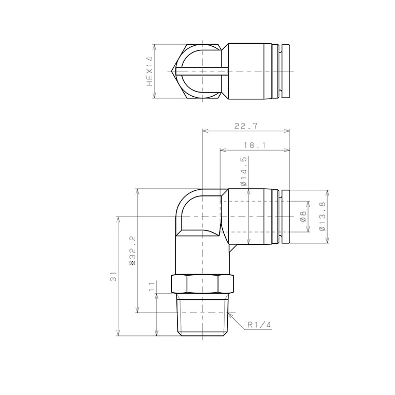 Bản vẽ kỹ thuật Đầu Nối Nhanh Khí Nén Dạng Cong 90° Ren Ngoài Pisco SPL8-02