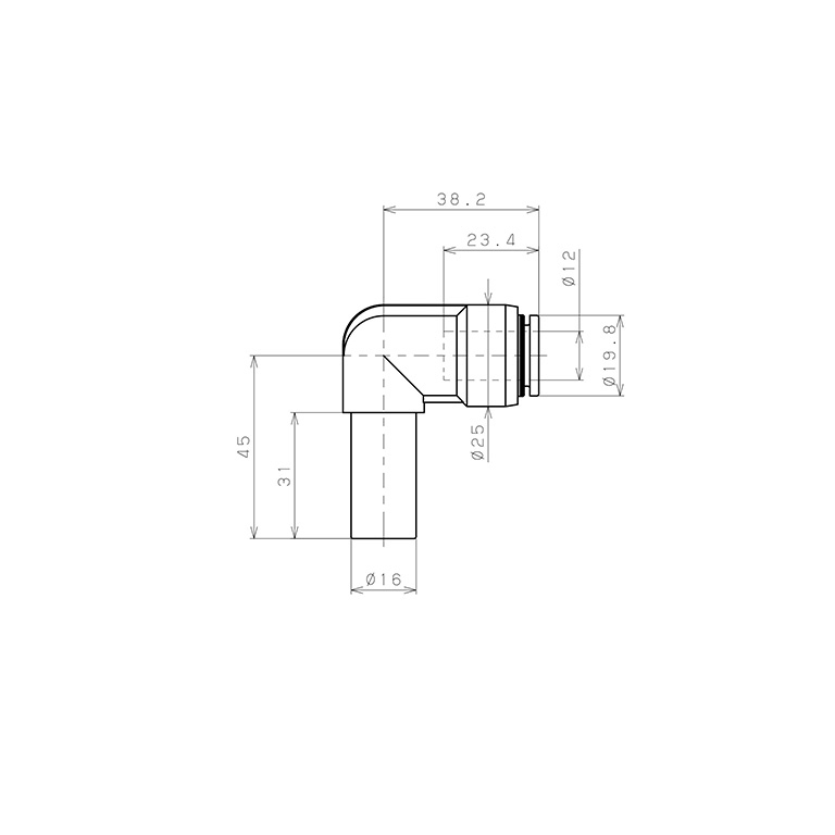Bản vẽ kỹ thuật Đầu Nối Nhanh Khí Nén Giữa Ống Khí Và Fitting Dạng Nối Giảm Cong 90° Pisco PLGJ16-12-UC