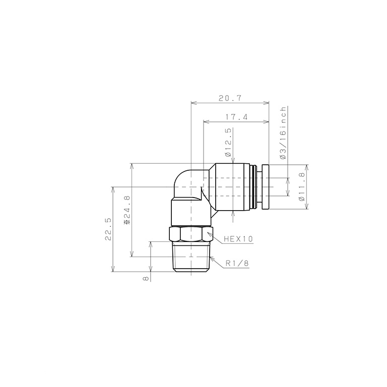 Bản vẽ kỹ thuật Đầu Nối Nhanh Khí Nén Dạng Cong 90° Ren Ngoài Pisco PL3/16-01-C