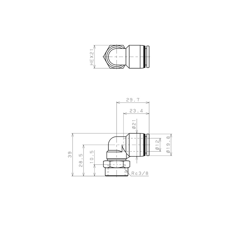 Bản vẽ kỹ thuật Đầu Nối Nhanh Khí Nén Dạng Cong 90° Ren Trong Pisco PLF12-03-UC