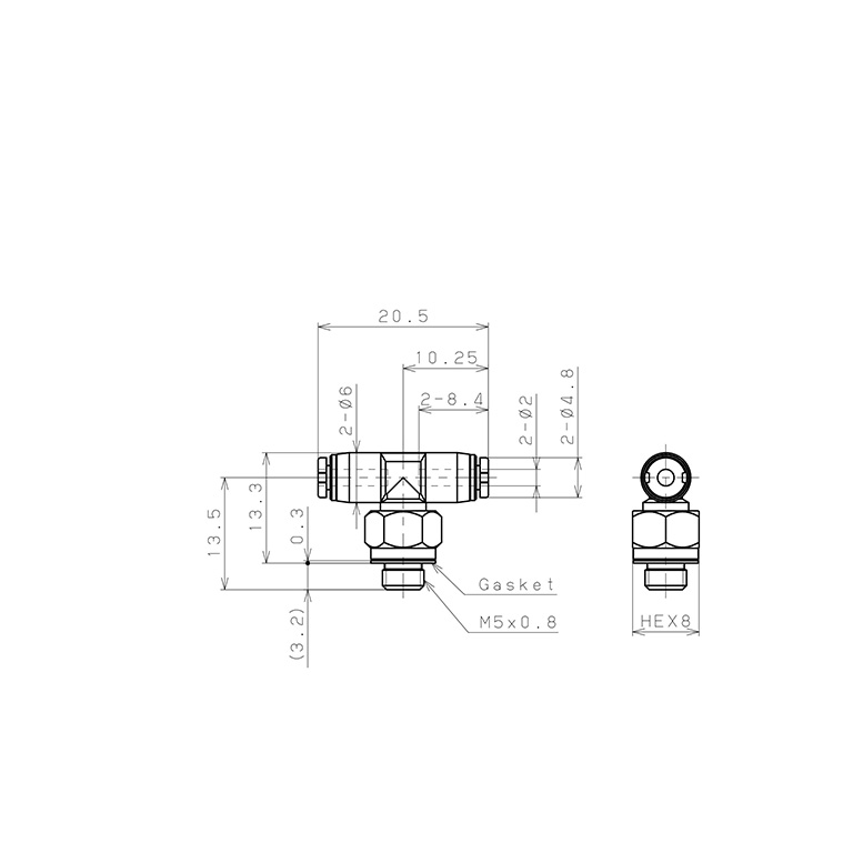 Bản vẽ kỹ thuật Đầu Nối Nhanh Khí Nén Dạng Chữ T Ren Ngoài Pisco PB2-M5M-C