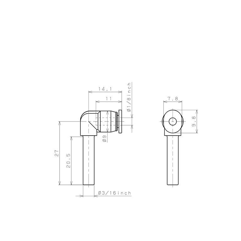 Bản vẽ kỹ thuật Đầu Nối Nhanh Khí Nén Giữa Ống Khí Và Fitting Dạng Nối Giảm Cong 90° Pisco PLGJ3/16-1/8M
