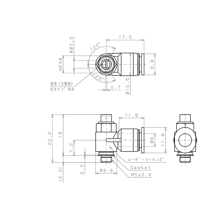 Bản vẽ kỹ thuật Van Tiết Lưu Khí Nén Đầu Vít Dẹp Pisco JSDC6-M5AW-C