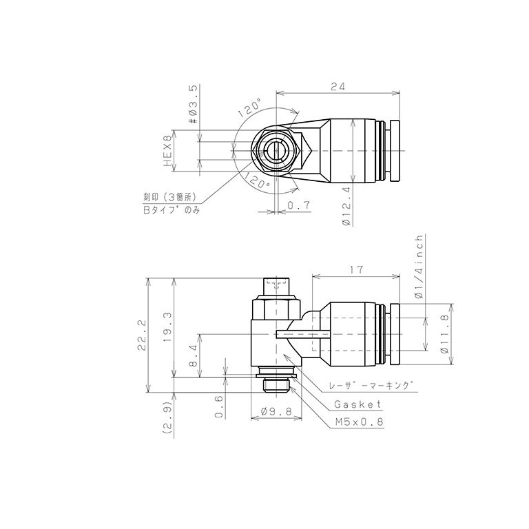 Bản vẽ kỹ thuật Van Tiết Lưu Khí Nén Đầu Vít Dẹp Pisco JSDC1/4-M5AW