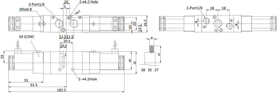 Bản vẽ kỹ thuật Van Điện Từ Khí Nén Solenoid 5/2 2 Coil Parker Size PT1/4 PHS-520D-02-220V
