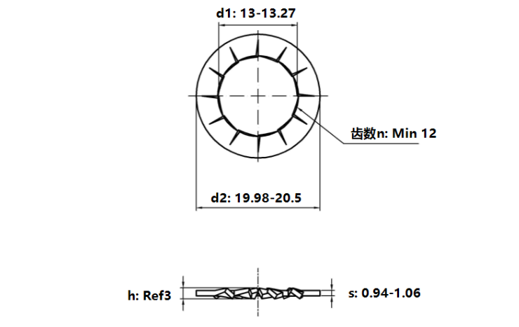 Bản vẽ kỹ thuật Lông Đền Răng Trong Loại J Thép Mạ Kẽm Trắng Cr3+ 4.8 DIN6798J M12