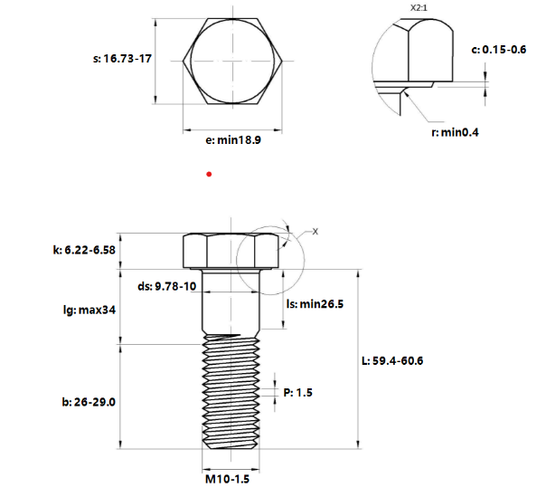 Bản vẽ kỹ thuật Bulong Mạ Kẽm Trắng Cr3+ 10.9 DIN931 M10x60 Ren Lửng