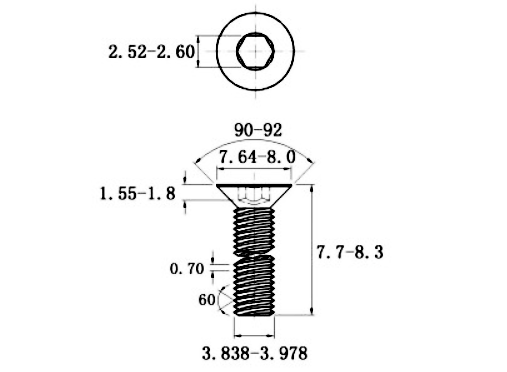 Bản vẽ kỹ thuật Lục Giác Chìm Col Thép Mạ Kẽm Trắng Cr3+ 10.9 DIN7991 M4x8 (50Cái/Bịch)