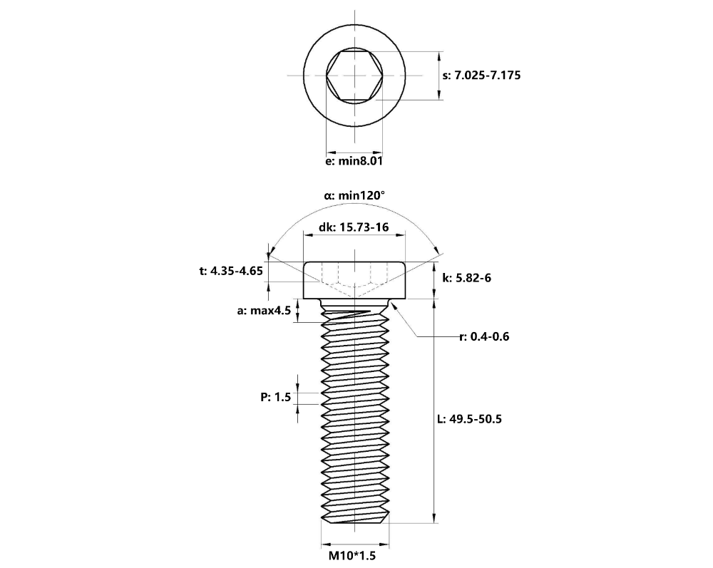 Bản vẽ kỹ thuật Lục Giác Trụ Đầu Thấp Inox 304 DIN7984 M10x50