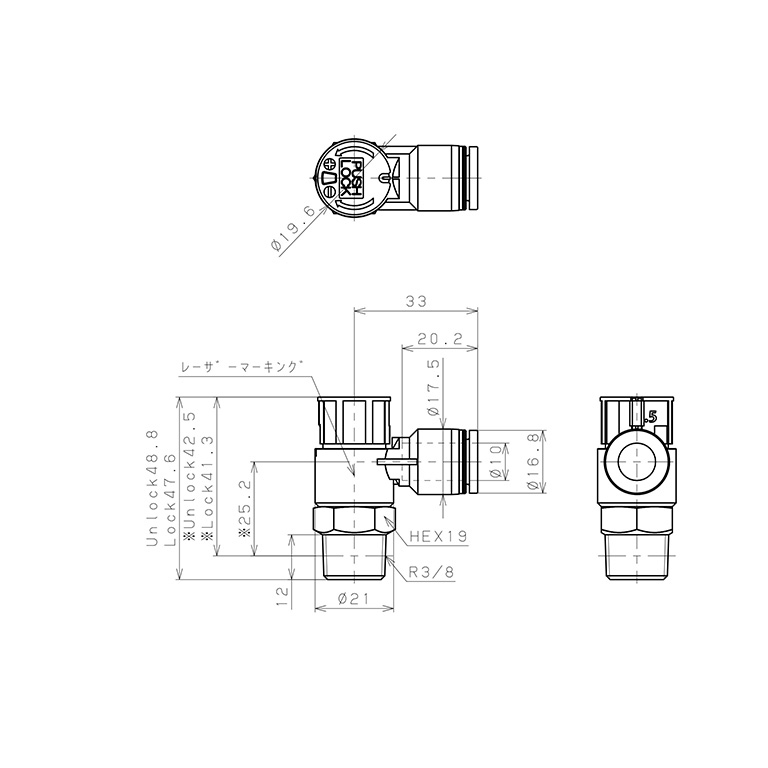 Bản vẽ kỹ thuật Van Tiết Lưu Khí Nén Loại Khóa Đẩy Có Hiển Thị Chỉ Số Pisco JSGC10-03AW