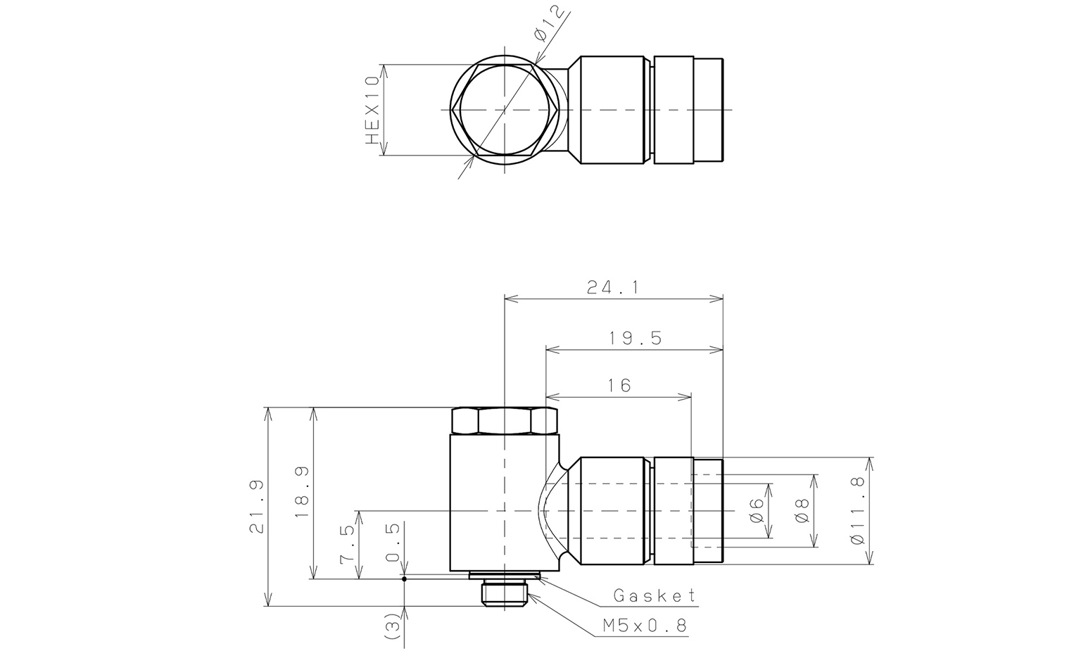 Bản vẽ kỹ thuật Đầu Nối Nhanh Khí Nén Cong 90° Đầu Lục Giác Trụ Ren Ngoài Pisco KH6-M5-F