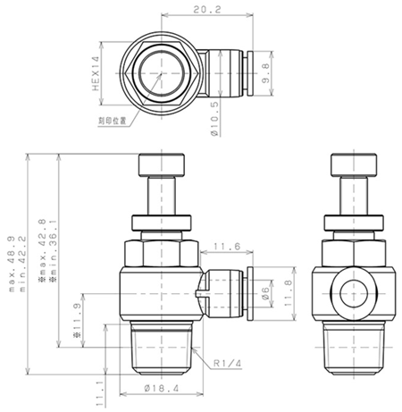 Bản vẽ kỹ thuật Van Tiết Lưu Khí Nén Cong 90° OD 6mm Ren Ngoài R1/4 Pisco JSC6-02A