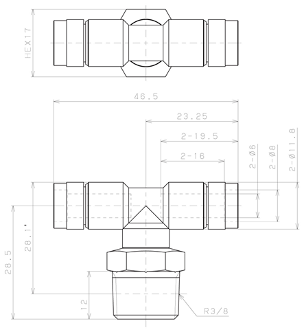 Bản vẽ kỹ thuật Đầu Nối Nhanh Khí Nén Dạng Chữ T Ren Ngoài Pisco KB6-03-F