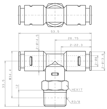 Bản vẽ kỹ thuật Đầu Nối Nhanh Khí Nén Dạng Chữ T Ren Ngoài Pisco APB8-03-TP
