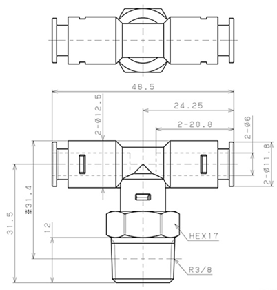 Bản vẽ kỹ thuật Đầu Nối Nhanh Khí Nén Dạng Chữ T Ren Ngoài Pisco APB6-03-C