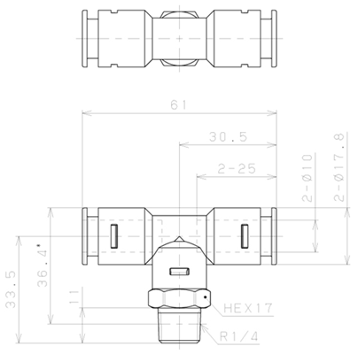 Bản vẽ kỹ thuật Đầu Nối Nhanh Khí Nén Dạng Chữ T Ren Ngoài Pisco APB10-02-C