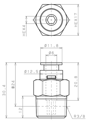 Bản vẽ kỹ thuật Đầu Nối Nhanh Khí Nén Dạng Thẳng Thân Lục Giác Ren Ngoài Pisco APC6-03-E-TP