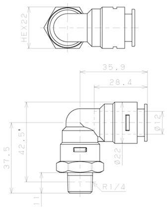 Bản vẽ kỹ thuật Đầu Nối Nhanh Khí Nén Dạng Cong 90° Ren Ngoài Pisco APL12-02