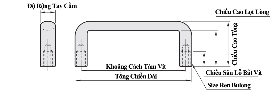 Bản vẽ kỹ thuật Tay Nắm Cửa Chữ U Hợp Kim Nhôm Đánh Bóng W 20 mm x L 100 mm (UABLA20-100)