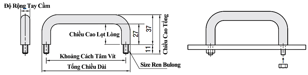 Bản vẽ kỹ thuật Tay Nắm Cửa Chữ U Thép Mạ Chrome Phi 10 mm x L 125 mm (UWANM10-125)
