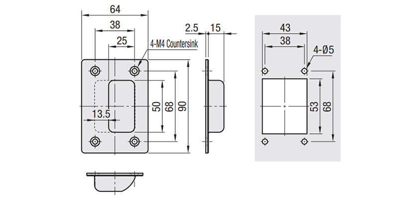 Bản vẽ kỹ thuật Tay Nắm Cửa Âm Inox 304 W 54 mm x L 100 mm (UWUANAS)